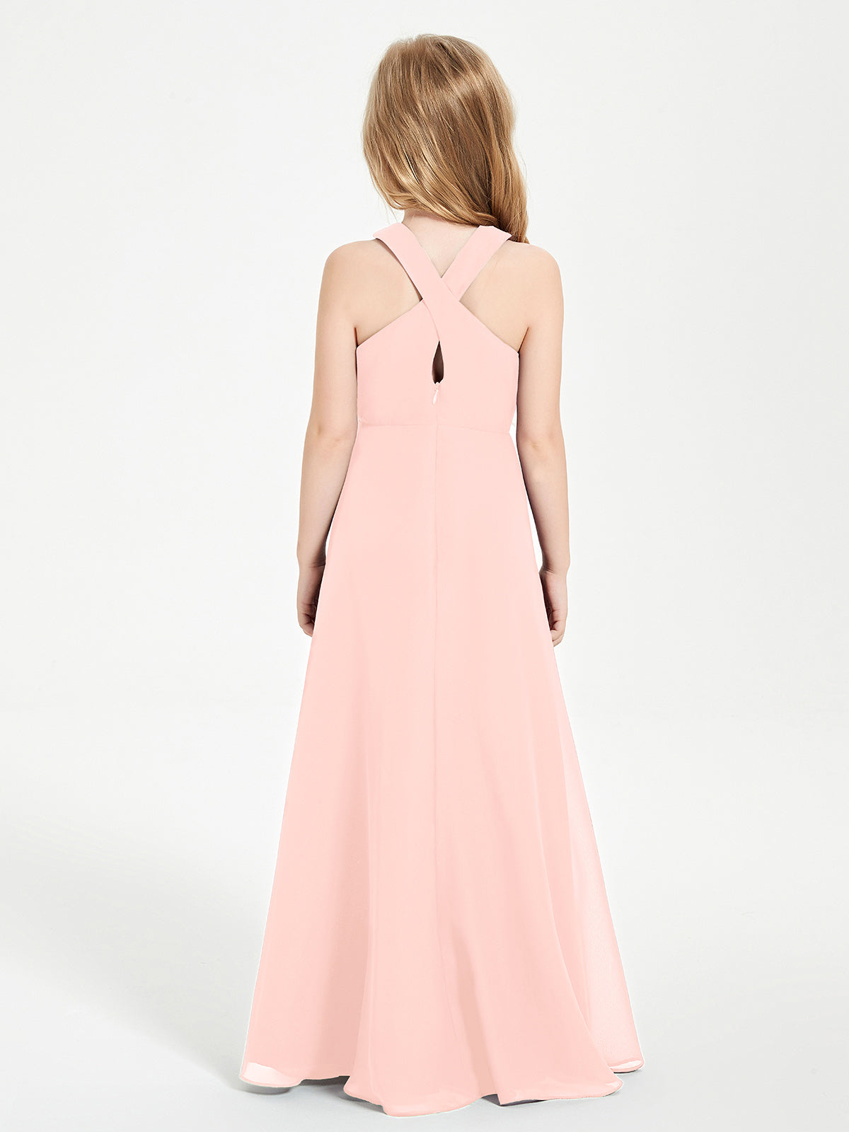 Grecian Neckline Long Dresses for Junior Bridesmaids Coral